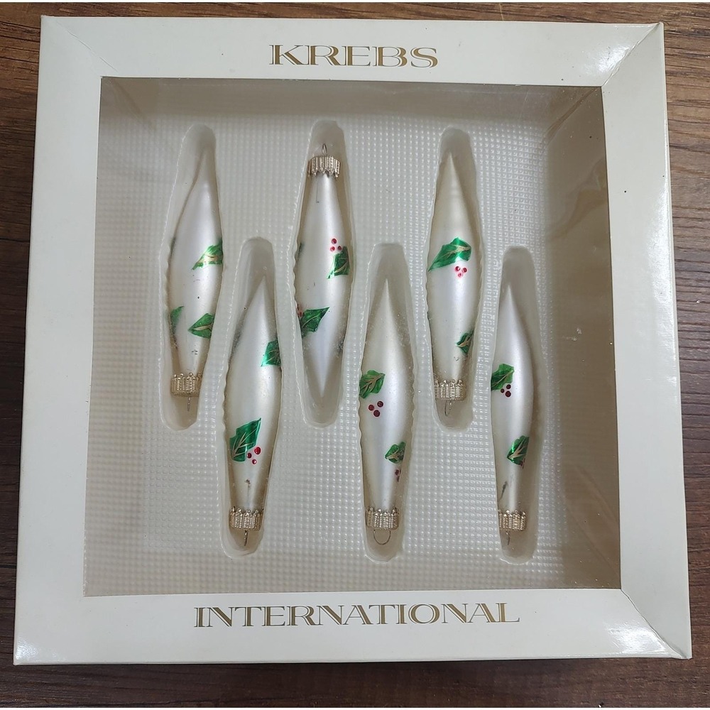 Vtg KREBS International Christmas Ornaments Glass ICICLE Holly Berry Pattern O36